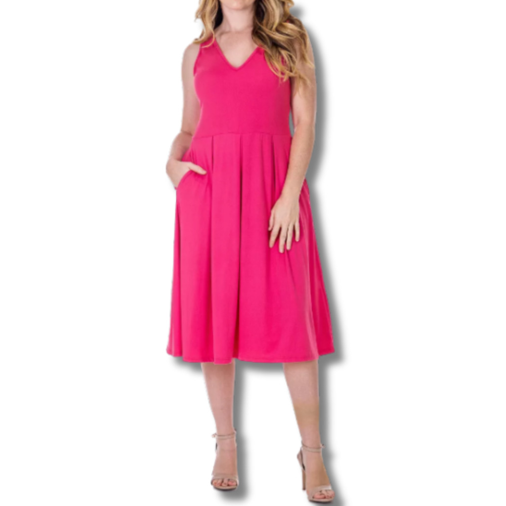 24Seven Comfort Apparel Fit and Flare‎ MIDI Sleeveless Dress Pink Medium
